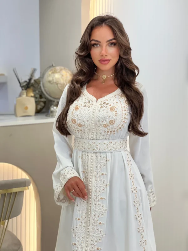 Ivory Luxe Kaftan – Subtle Glamour with Gold Accents